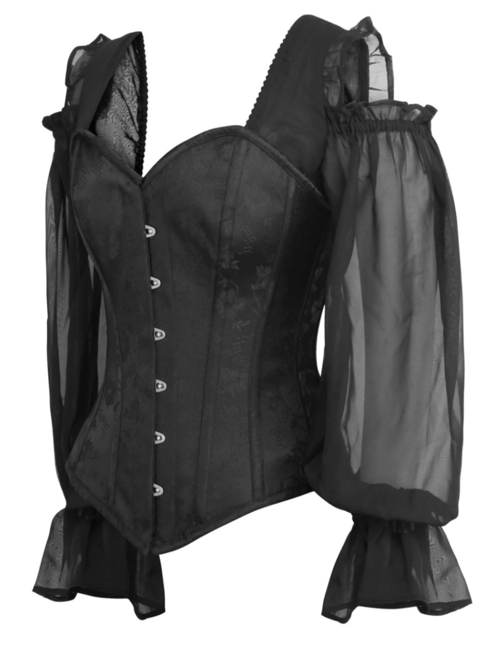 New Corset Story Black Brocade Corset Top with Chiffon Sleeves 42"